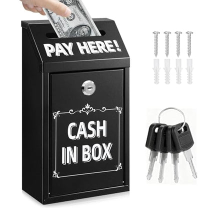 Metal Donation Box with Lock – Wall Mounted Cash Money Box with Slot for Cash Deposit, Hualleko Money Drop with Lock and Slot for Home/Office/Outdoors 10.2 x 5.6 x 2.9 Inch(Black) - color: Black