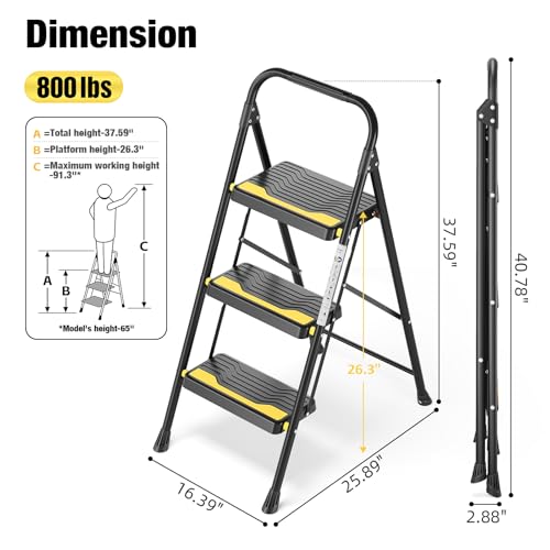 Urackify 3 Step Ladder, Heavy-Duty 800lb Capacity, Wide Anti-Slip Steps & Secure Handrail Compact, Folding Step Stool Portable Design for Home, Kitchen, Office, Pantry, Closet Use, Black - size: 3-step