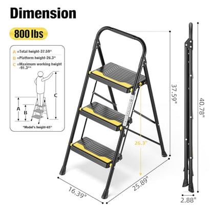 Urackify 3 Step Ladder, Heavy-Duty 800lb Capacity, Wide Anti-Slip Steps & Secure Handrail Compact, Folding Step Stool Portable Design for Home, Kitchen, Office, Pantry, Closet Use, Black - size: 3-step