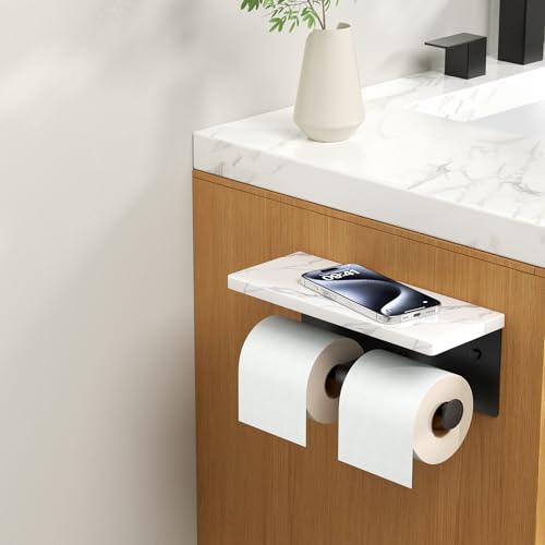 FORIOUS Double Marble Toilet Paper Holder with Phone Shelf, Mattle Black - color: Matte Black, size: Double Roll