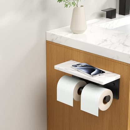 FORIOUS Double Marble Toilet Paper Holder with Phone Shelf, Mattle Black - color: Matte Black, size: Double Roll