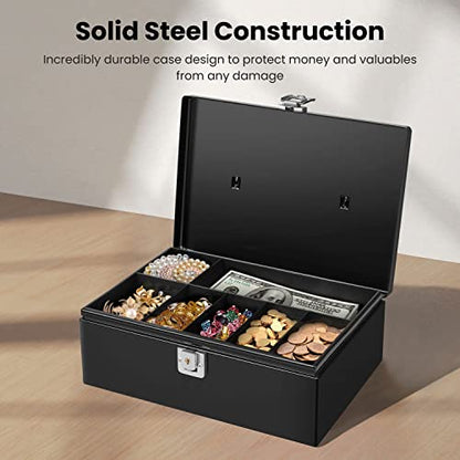 Flexzion Cash Box with Money Tray, Latch Lock, 11 x 7.7 x 3.5 Inch, Black - color: Black