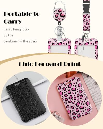 Uniclife Cute ID Badge Holder with Lanyard - color: Black Leopard Print & Pink Leopard Print
