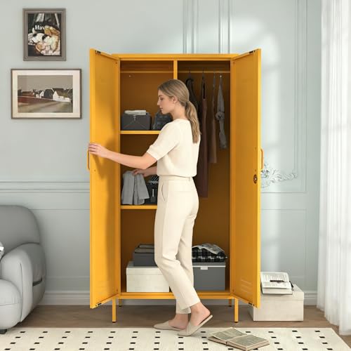 Metal Armoire Wardrobe Closet, 67" Tall Yellow Lockable Wardrobe Cabinet with 2 Doors, Hanging Rod and Adjustable Shelves, Steel Clothing Storage Cabinet for Bedroom, Home, Cloak Room, Gym, Office - color: Mustard, style: Wardrobe-67"H-JS