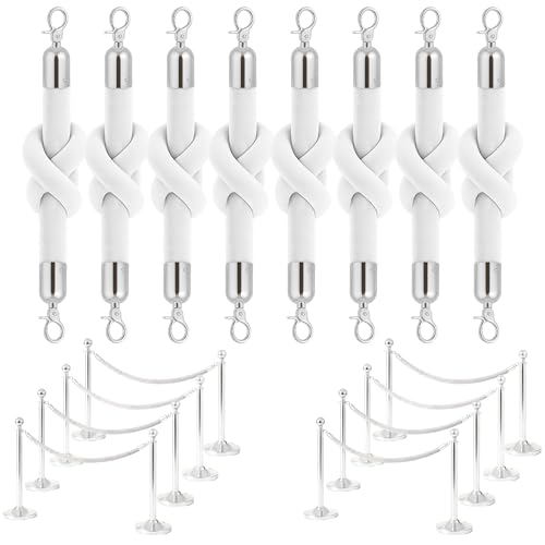 8PCS White Velvet Rope 5FT – Soft Velvet Ropes with Silver Snap Ends Stanchion Set for VIP Rope Barrier Event Crowd Control - color: 8 White + Silver