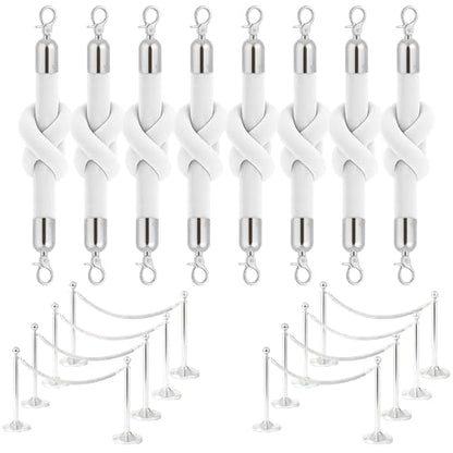 8PCS White Velvet Rope 5FT – Soft Velvet Ropes with Silver Snap Ends Stanchion Set for VIP Rope Barrier Event Crowd Control - color: 8 White + Silver