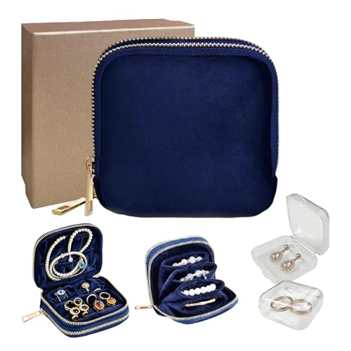 Small Travel Jewelry Case with Earring Box Mini Jewelry Case - color: Dark blue double-layer