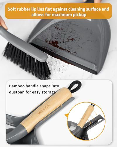 MR.SIGA Dustpan and Brush Set, Bamboo Handle, Gray, 1 Set - color: Gray