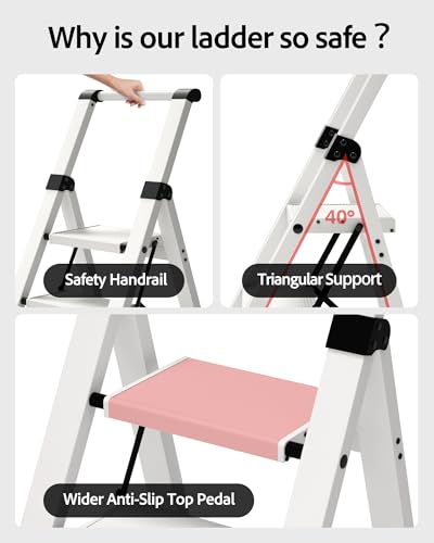 Taranta 3 Step Ladder,Lightweight Aluminum Step Stool Foldable -White - color: White, size: 3 Step