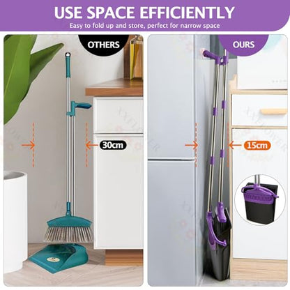 Broom and Dustpan Set with Long Handle, Light Weight Stainless Steel Poles Stand Upright Dustpans with Broom Combo for Home Kitchen Office Pet Dog Hair, 1-Pack (Purple) - color: Purple