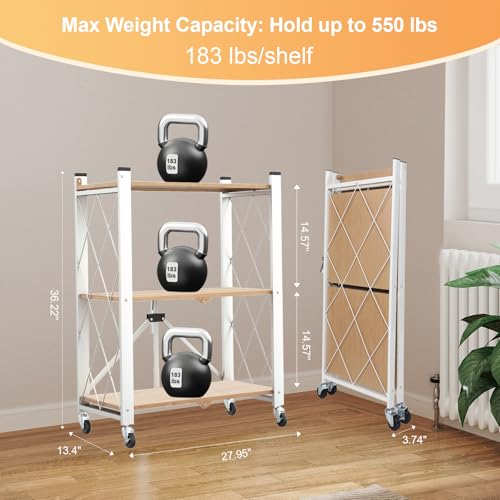 3 Tier Folding Shelf with Wheels, Metal Steel Collapsible Shelves - color: Natural, size: 3 Tier