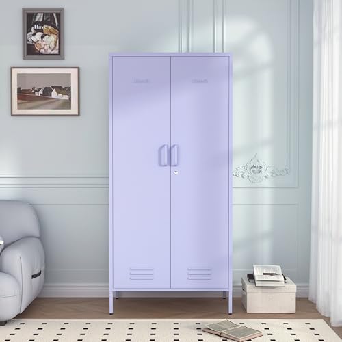 Metal Armoire Wardrobe Closet, 67" Tall Purple Lockable Wardrobe Cabinet with 2 Doors, Hanging Rod and Adjustable Shelves, Steel Clothing Storage Cabinet for Bedroom, Home, Cloak Room, Gym, Office - color: Lilac, style: Wardrobe-67"H-JS