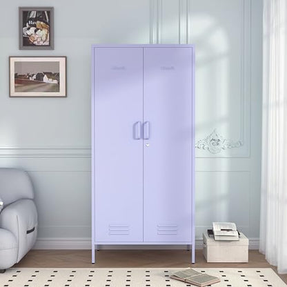 Metal Armoire Wardrobe Closet, 67" Tall Purple Lockable Wardrobe Cabinet with 2 Doors, Hanging Rod and Adjustable Shelves, Steel Clothing Storage Cabinet for Bedroom, Home, Cloak Room, Gym, Office - color: Lilac, style: Wardrobe-67"H-JS