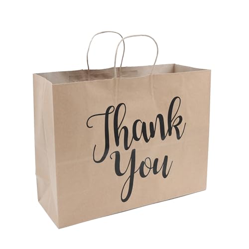 Large Kraft Thank You Paper Shopping Bags - 16”L x 6”D x 12”H - Case of 100