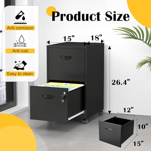 SteeLoong 2 Drawer File Cabinet,Metal Mobile File Cabinet with Lock Black - color: Black, style: 2 Drawer on Wheels