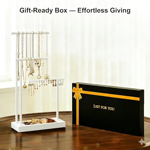 SRIWATANA White Jewelry Organizer Stand, Extra Tall 3-Tier Necklace Holder - color: white