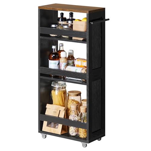 VASAGLE 4-Tier Slide-Out Storage Cart, Slim Kitchen Cart with Wheels - color: Ebony Black + Rustic Brown, size: 7.9"D