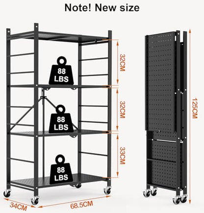 Himix 4-Tier Foldable Storage Shelf with Wheels 20 Hooks Black No Assembly - color: Black, size: 4-Tier