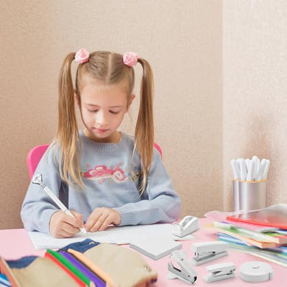 White Desk Accessory Kit Cute Office Supplies Set Desktop Stapler Set Includes Staple Remover Hole Punch Tape Dispenser Ballpoint Pen Scissor Mini Box Cutter Tape Measure Paper Clips Sticky Notes - color: White