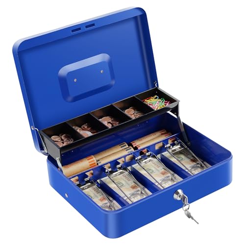 Cash Box with Lock Key and Money Tray - Large Money Box for Cash Register, Metal Lock Box for Money Safe 11.8" x 9.4" x 3.54" Blue - color: Blue with Key Lock