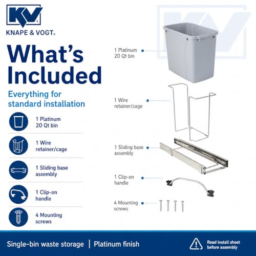 Knape & Vogt in-Cabinet Pull Out Trash Can, 20-Qt., Bottom-Mount Cabinet Installation, Requires Min 8-in Opening, 20.5 in x 8.5 in x 17.5 in, RS-PSW9-1-20-P, Platinum - color: Platinum