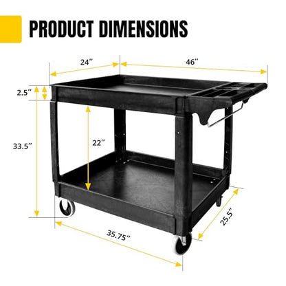 MaxWorks 2‑Tier Heavy‑Duty Utility Service Cart 500 lb Capacity 46" x 25.5" x 33.5" with 5" Swivel Casters and Polypropylene Shelves for Garage Workshop Warehouse Office (80858) - size: 46 inch x 25.5 inch x 33.5 inch