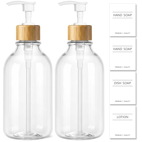 KASUNTING Clear Soap Dispenser, 2 Pack Plastic Dish Soap Dispenser for Kitchen, 17 Fl Oz Bathroom Hand Soap and Lotion Dispensers Set with Bamboo Pump, Refillable Liquid Soap Bottles - color: Clear, size: 2 Bottles