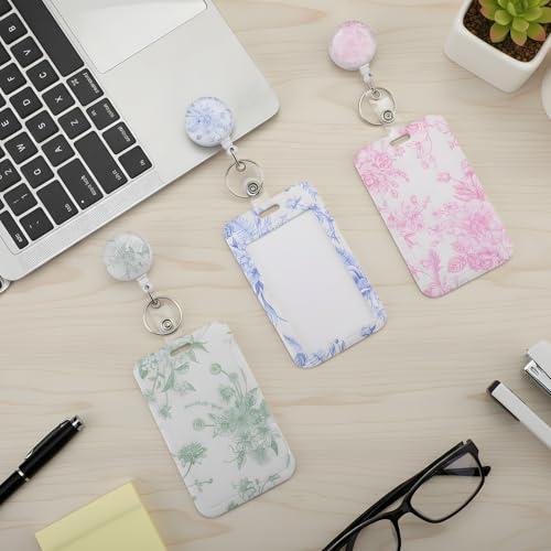 3 Pack Floral Retractable Id Badge Holders with Clip, Badge Reel - color: Elegant Floral