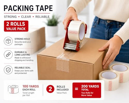 Ultra Strong Packing Tape 2.0 Mil – Clear Moving & Shipping Tape,100 Yards (300 ft) per Roll, 200 Total Yards, Heavy Duty Adhesive, 2 Rolls Pack for Boxes & Storage