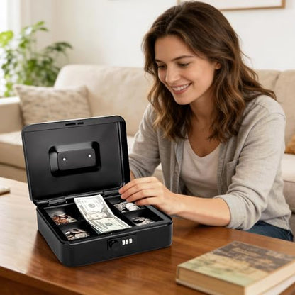 Jssmst Large Cash Box with Combination Lock – Durable Metal Cash Box with Money Tray Black(9.8 x 7.9 x 3.5), SM-CB07001L - color: Black, size: Large