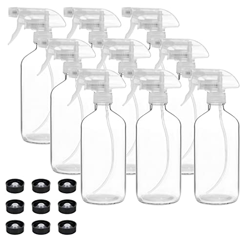 9 Pack Glass Spray Bottles, 16oz Empty Clear Boston Round Bottles Refillable Container with Trigger Sprayer for Cleaning Solutions, Essential Oils, Misting Plants - size: 9 Count (Pack of 1)