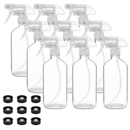 9 Pack Glass Spray Bottles, 16oz Empty Clear Boston Round Bottles Refillable Container with Trigger Sprayer for Cleaning Solutions, Essential Oils, Misting Plants - size: 9 Count (Pack of 1)