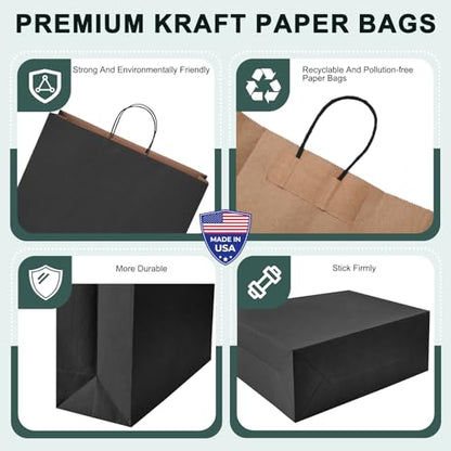 METRONIC Large Black Paper Bags With Handles 16x6x12 Inch 100 Pack, - color: Black, size: 1 Count (Pack of 100)