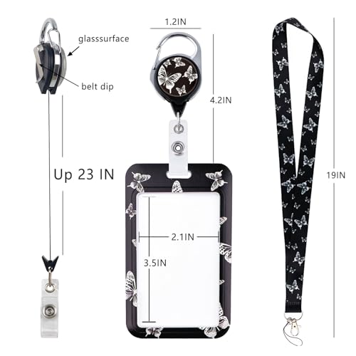 Butterfly Badge Holder with Lanyard, Simple Vertical Plastic ID Card Holder with Silky Neck Lanyard and Retractable Reel Clip, Black Teacher Lanyards with Keychain for Women, Girls, Nurse - color: Butterfly1