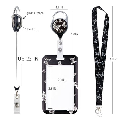 Butterfly Badge Holder with Lanyard, Simple Vertical Plastic ID Card Holder with Silky Neck Lanyard and Retractable Reel Clip, Black Teacher Lanyards with Keychain for Women, Girls, Nurse - color: Butterfly1