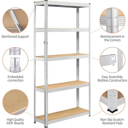 Topeakmart 5 Tier Metal Storage Shelving Unit, 35.5x12x71 Inch Silver - color: Silver, size: 35.5 x 12 x 71 Inch