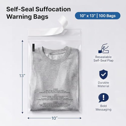 10” X 13” (100 Count) Self Seal Clear Poly Bags with Suffocation Warning - size: 10" X 13"