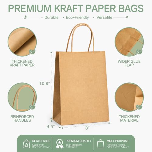 ECOEXTRA Brown Kraft Paper Bags 100 Pack 8x4.5x10.8 in Medium with Handles - color: Brown, size: 1 Count (Pack of 100)
