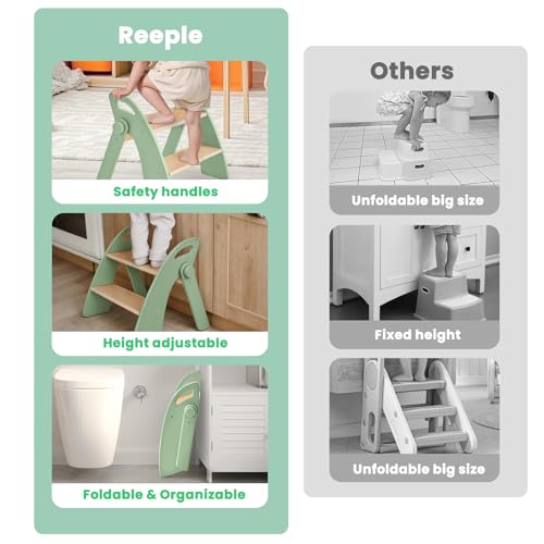 Wooden 2 Step Stool for Toddlers, Foldable 2-Step with Non-Slip Pads and Handles, Bamboo Step Stool for Kids Bathroom Sink and Potty Training, Kitchen Helper, Nursery Bedroom (Green) - color: Green