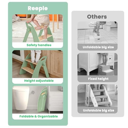 Wooden 2 Step Stool for Toddlers, Foldable 2-Step with Non-Slip Pads and Handles, Bamboo Step Stool for Kids Bathroom Sink and Potty Training, Kitchen Helper, Nursery Bedroom (Green) - color: Green