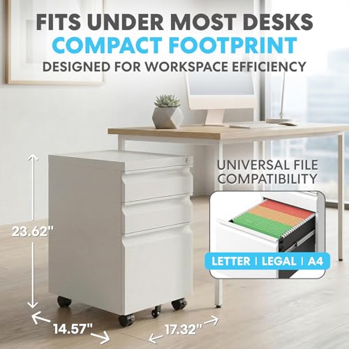 Simpli-Magic 3 Drawer Mobile File Cabinet with Lock Under Desk Metal Filing Cabinet for Home Office Organizer Fully Assembled Letter Legal A4 White