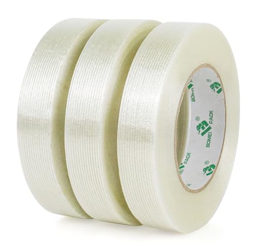 BOMEI PACK 3 Pack Reinforced Filament Packing Tape, 6.3 Mil 24mm x 60 Yards, Fiberglass Strapping Tape - size: 3Rolls: 6.3milx 24mmx 60y