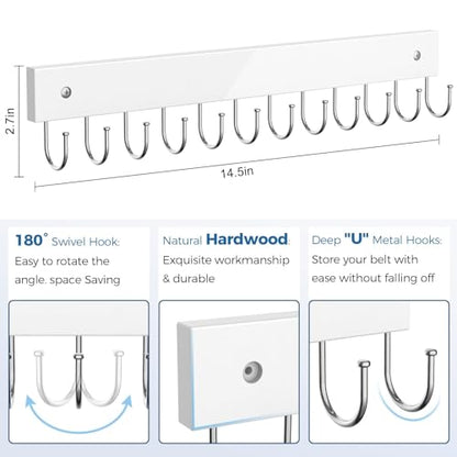 Belt Hanger Wall Mounted, Wooden Coat Rack Belt Organizer 2 Pack - color: White, size: 2 Pack-Belt