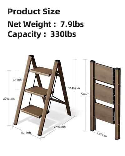 HillhutApex 3 Step Stool Foldable Ladder,Aluminum Step Ladder - color: Walnut
