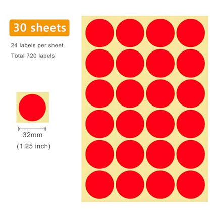 720 PCS Red Dot Stickers 1-1/4 Inch Round Color Coding Labels 1.25" Circle Sticky Dots 32 mm Blank Circular Price Label Sticker Sheets for Spice Seal Inventory Office Classroom Must Haves - color: Red