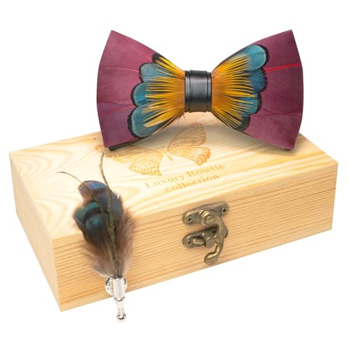 RBOCOTT Handmade Feather Pre-tied Bow tie and Brooch Sets for Men - color: Burgundy/Yellow/Blue