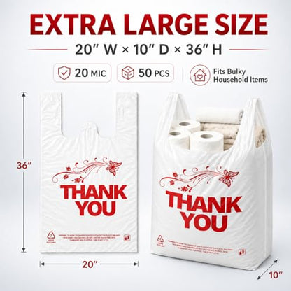 YoYoRain 50 Count White Oversized Thank You T-Shirt Bags, 20 x 10 x 36 in - color: White