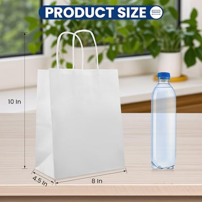 XPCARE White Paper Bags with Handles, 100Pcs 8x4.5x10In Kraft Paper Bag - color: White