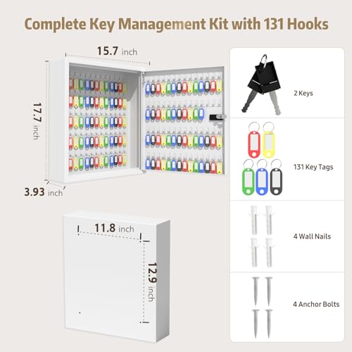 Key Cabinet Lock Box with 131-Keys: Steel Wall Mount Key Box Organizer - Large Storage and Secure Combination Lock Boxes for Home Office Business - White - color: White
