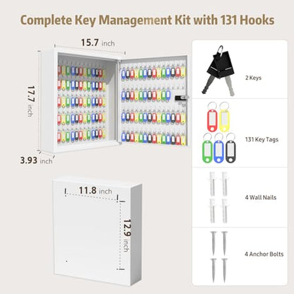 Key Cabinet Lock Box with 131-Keys: Steel Wall Mount Key Box Organizer - Large Storage and Secure Combination Lock Boxes for Home Office Business - White - color: White